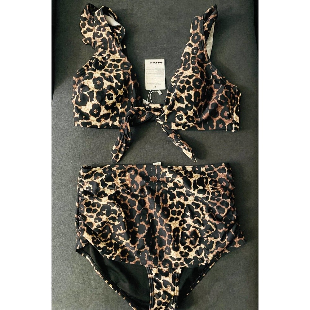 COCOSHIP Brown Beige & Black Leopard Print High Rise Shirred Bikini Set Tie